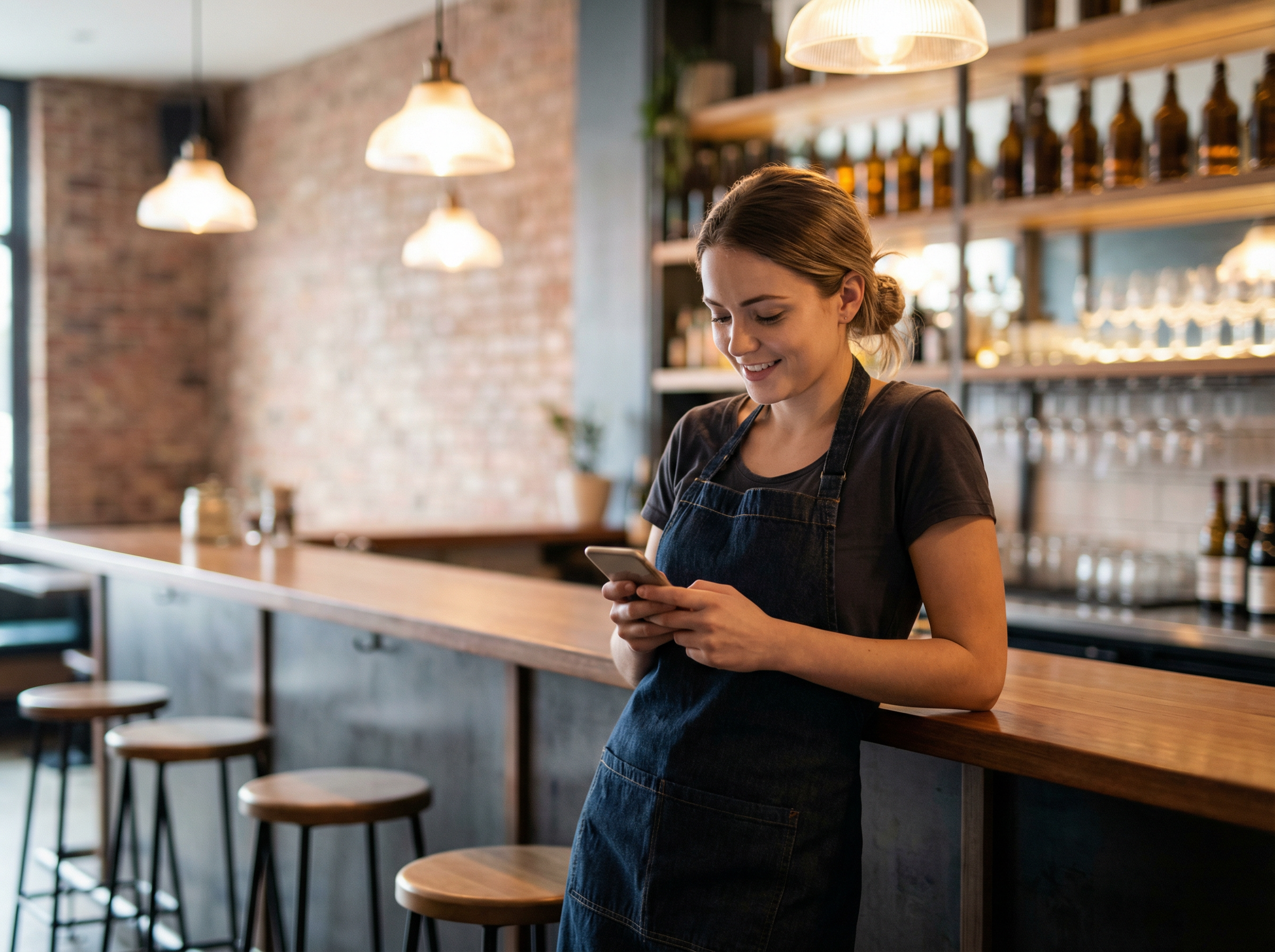 Bartender at bar texting on phone