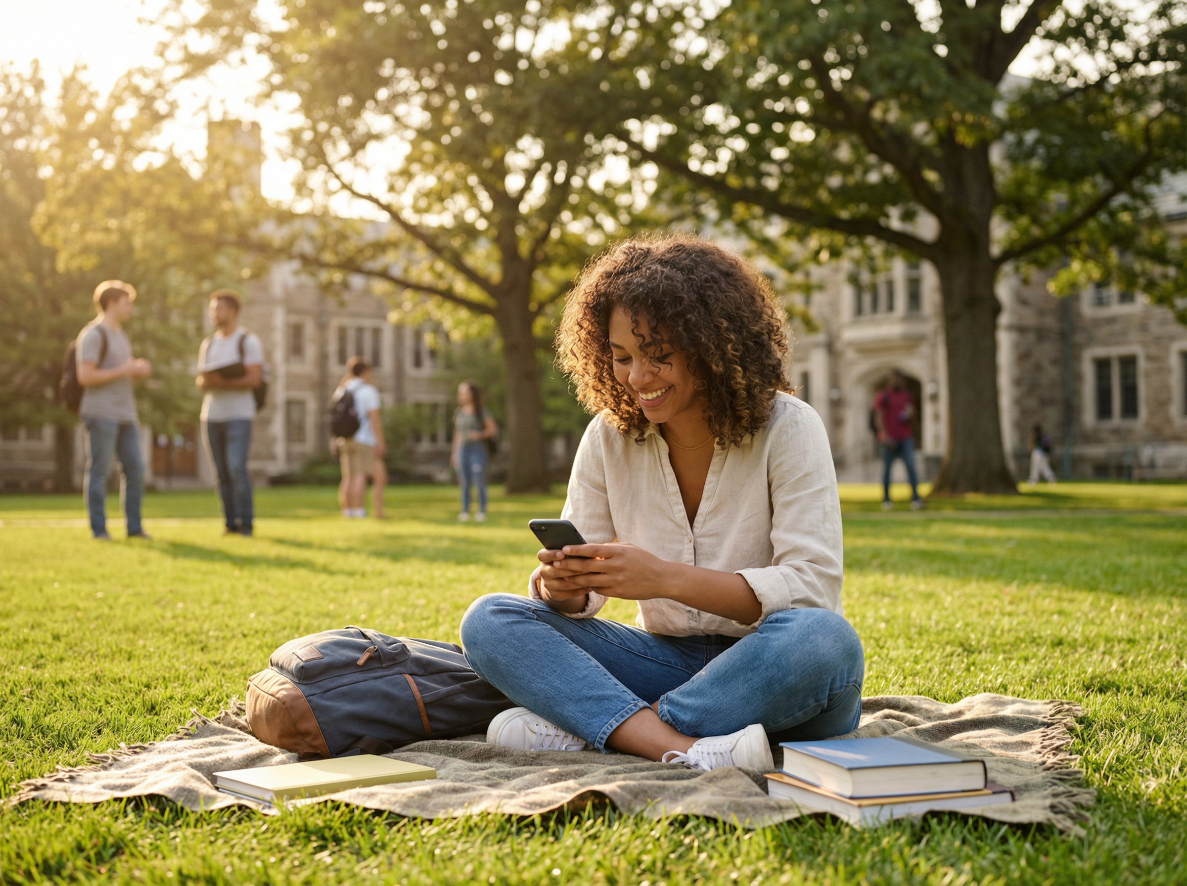 College student on campus lawn on phone