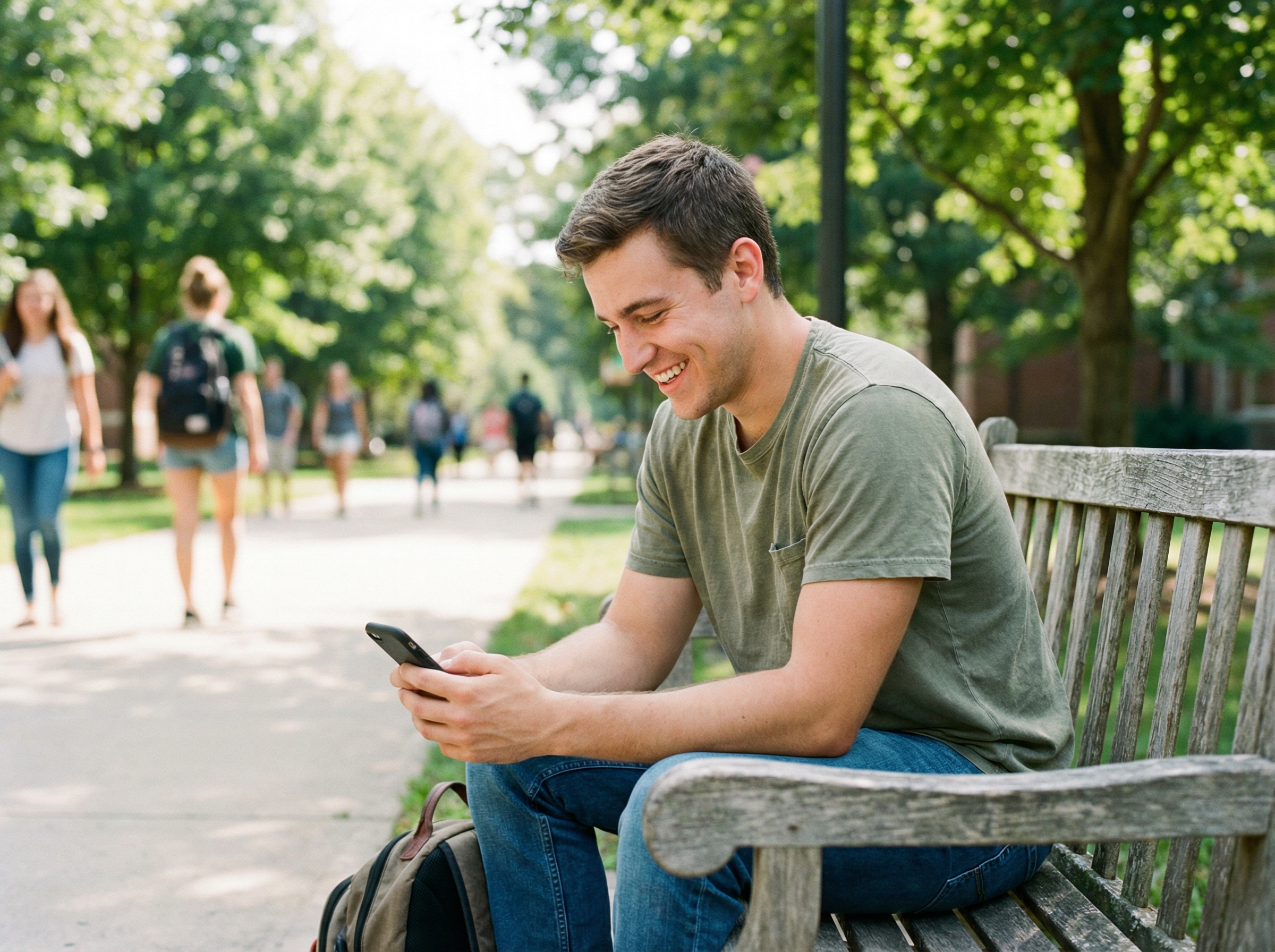 College student on campus bench on phone